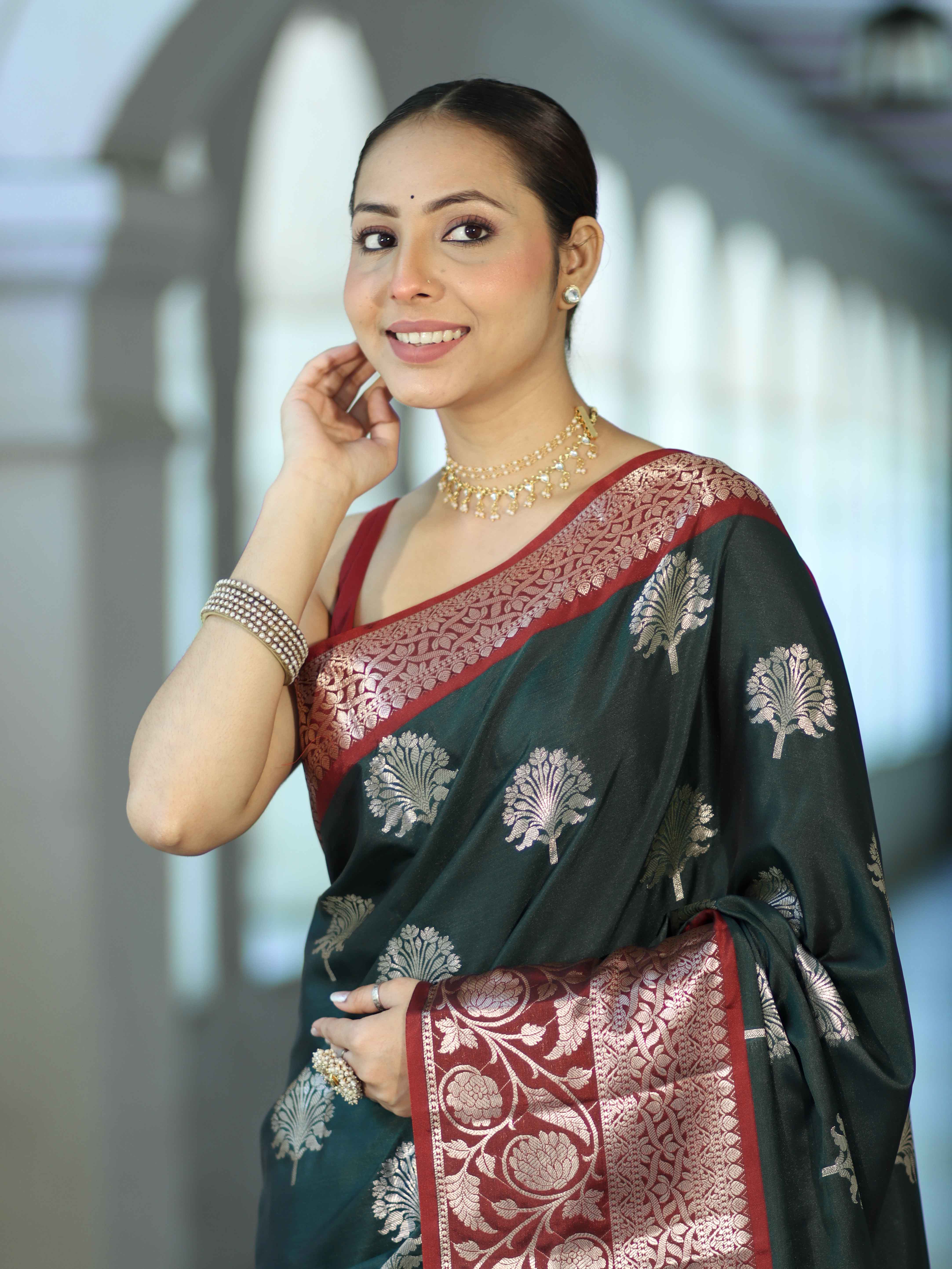 Banarasee Handloom Semi Silk Saree With Zari Buta Design & Contrast Border-Green & Maroon