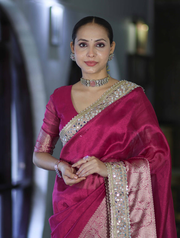 Banarasee Handwoven Tissue Saree With Floral Zari Border & Mirror Work Lace–Magenta