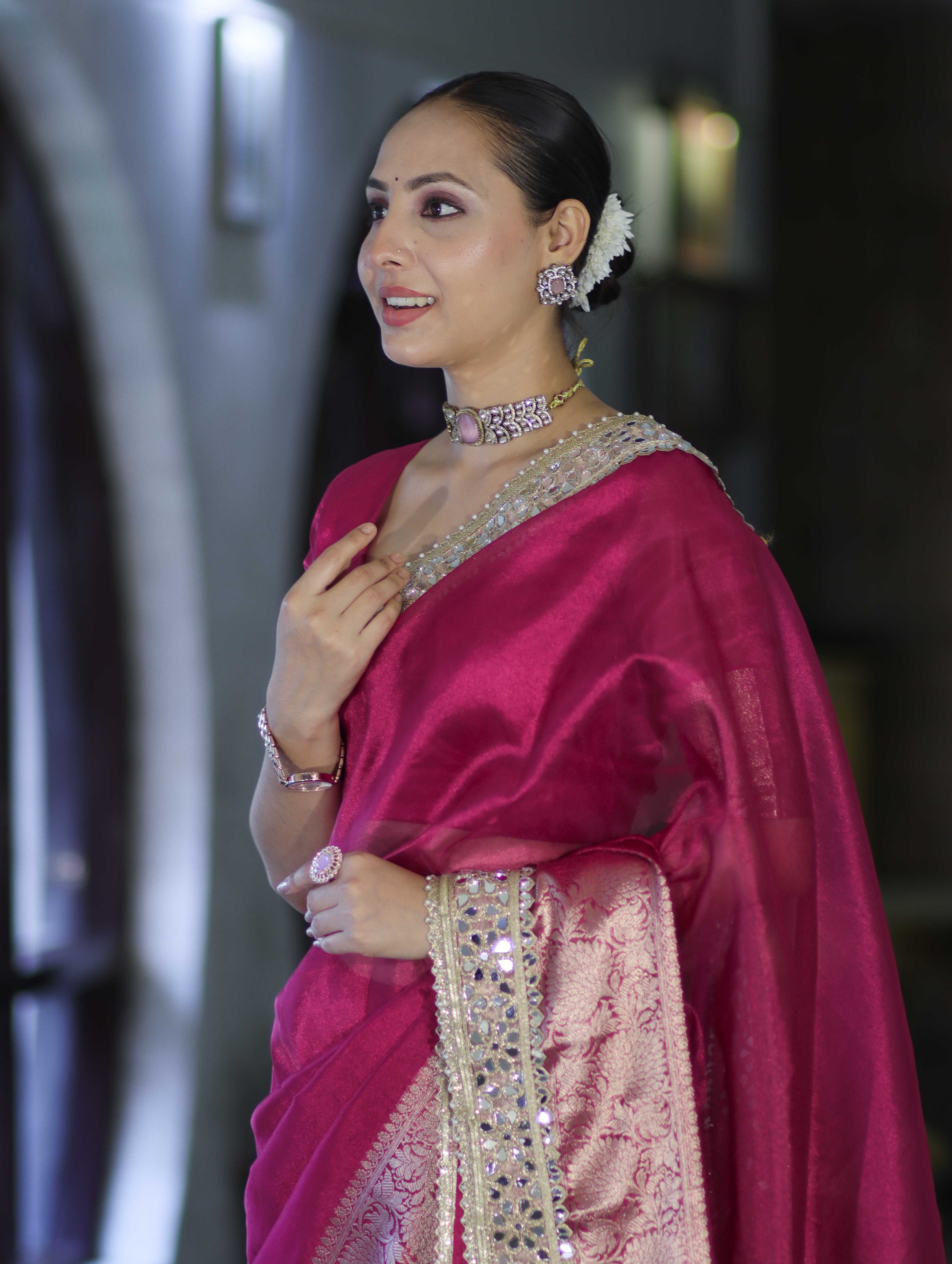 Banarasee Handwoven Tissue Saree With Floral Zari Border & Mirror Work Lace–Magenta