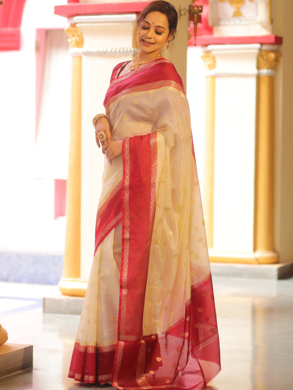 Banarasee Cotton Silk Mix Kota Checks Saree With Zari Design-White & Maroon