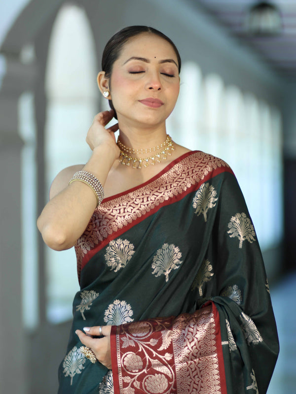 Banarasee Handloom Semi Silk Saree With Zari Buta Design & Contrast Border-Green & Maroon