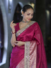 Banarasee Handwoven Tissue Saree With Floral Zari Border & Mirror Work Lace–Magenta