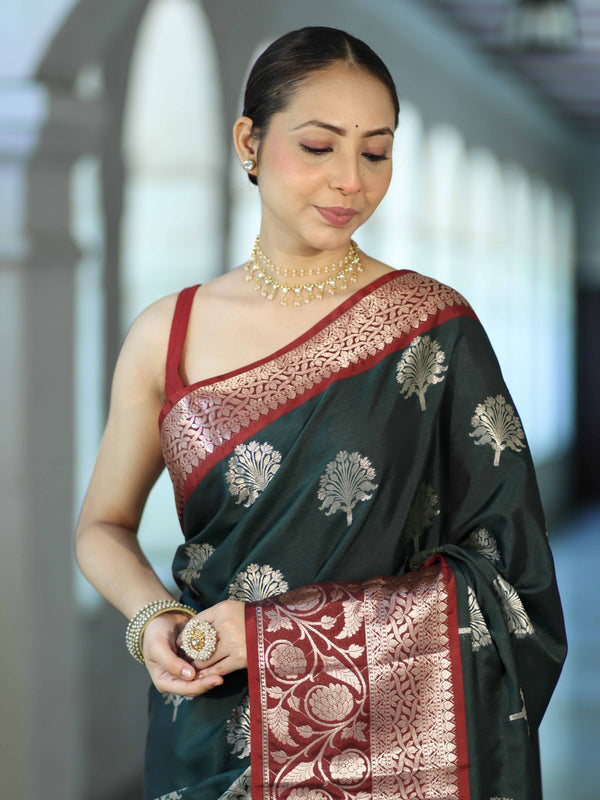 Banarasee Handloom Semi Silk Saree With Zari Buta Design & Contrast Border-Green & Maroon