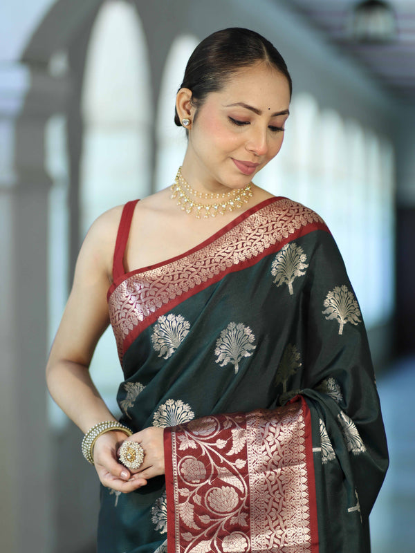 Banarasee Handloom Semi Silk Saree With Zari Buta Design & Contrast Border-Green & Maroon