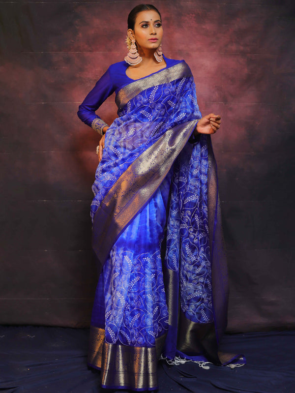 Banarasee Handwoven Shibori Dyed Organza Saree With Embroidered Floral Design-Blue