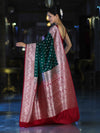 Banarasee Handloom Semi Katan Saree With Zari Buti Design & Contrast Border-Green & Maroon