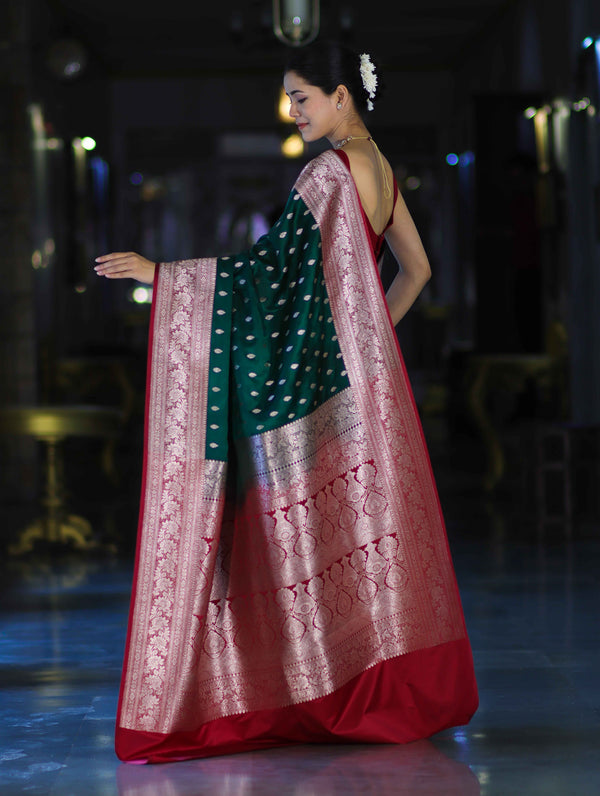 Banarasee Handloom Semi Katan Saree With Zari Buti Design & Contrast Border-Green & Maroon