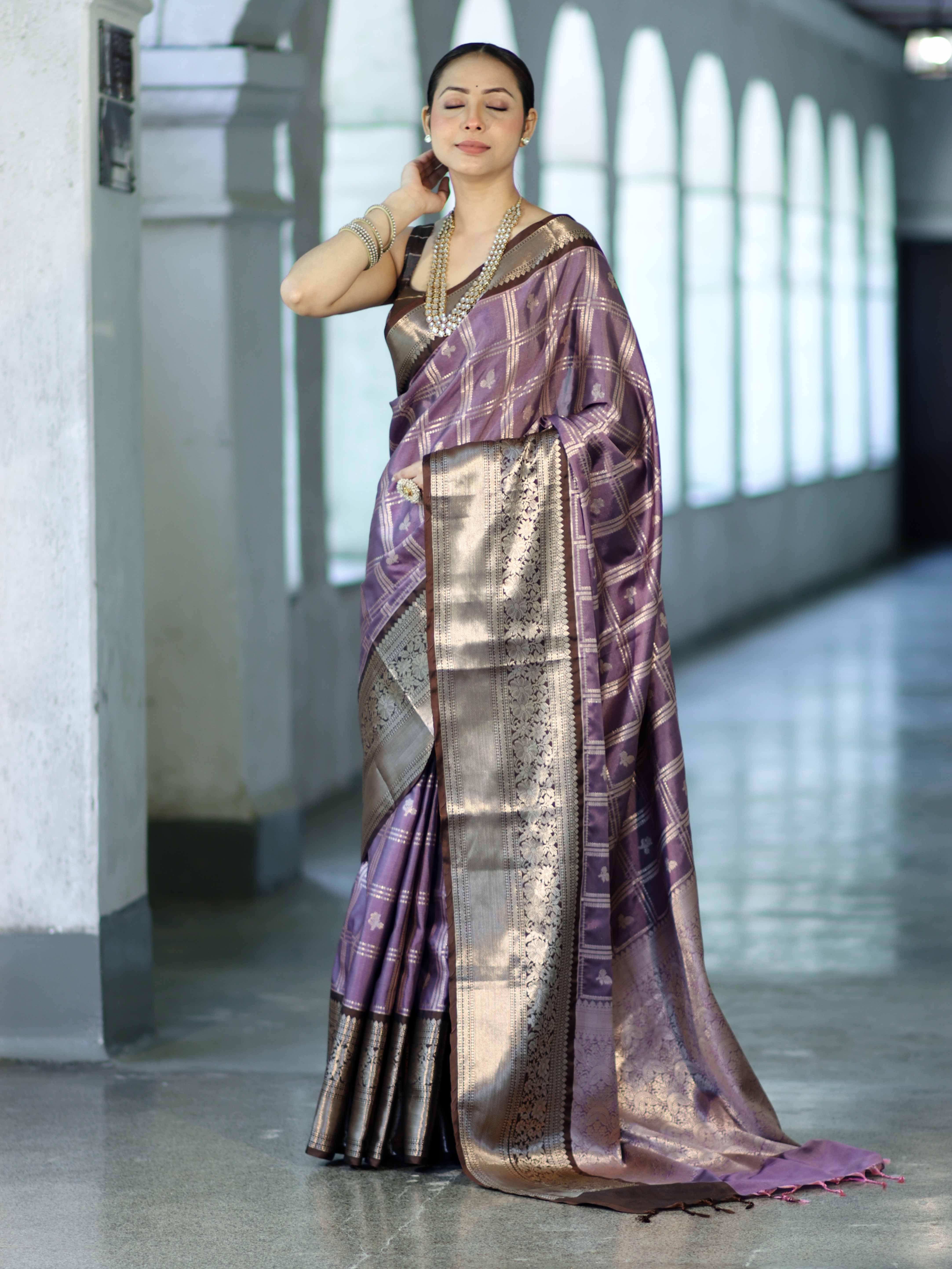 Banarasee Handloom Semi Silk Saree With Zari Checks Design & Contrast Border-Lavender & Brown