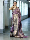Banarasee Handloom Semi Silk Saree With Zari Checks Design & Contrast Border-Lavender & Brown