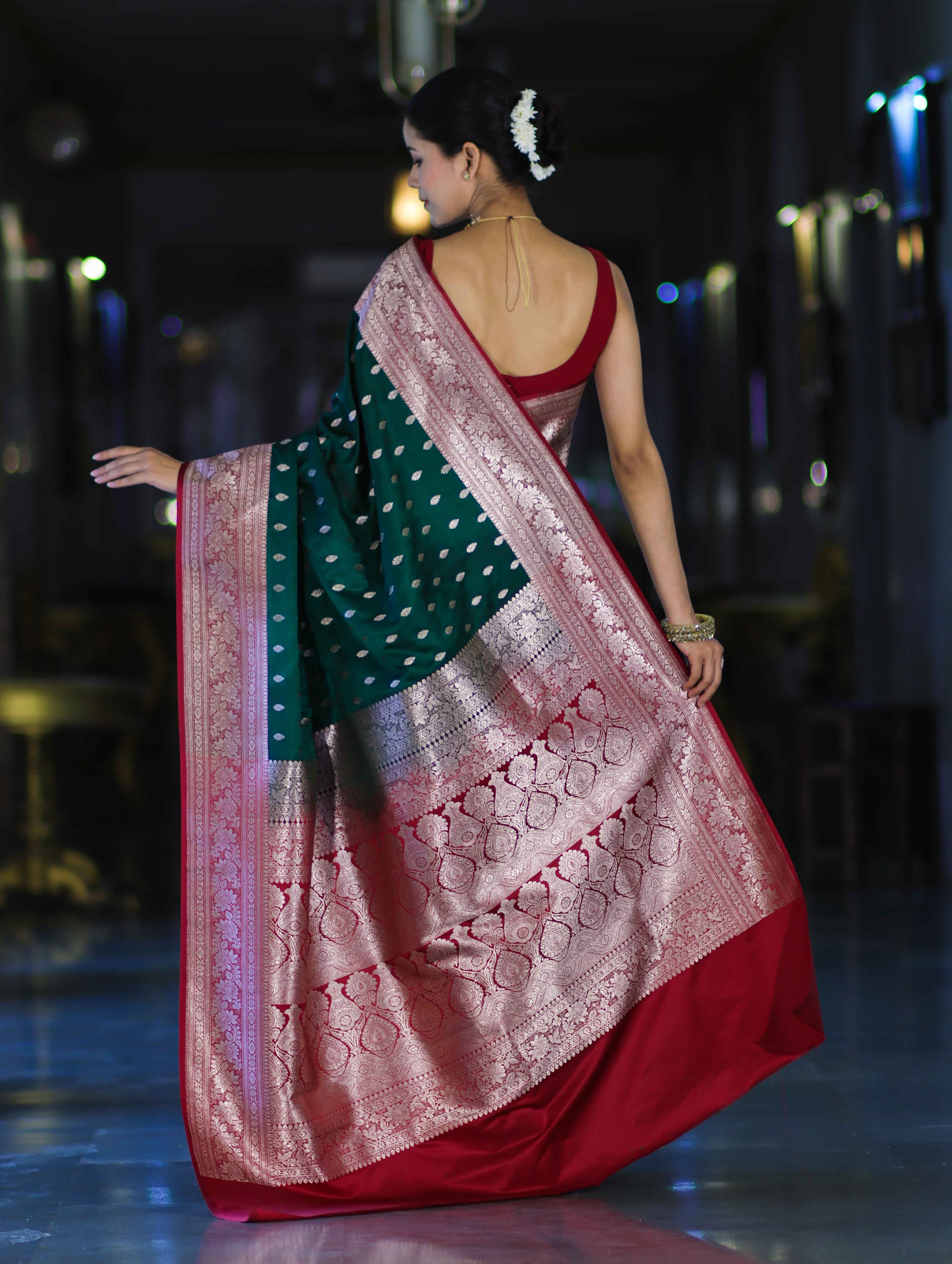 Banarasee Handloom Semi Katan Saree With Zari Buti Design & Contrast Border-Green & Maroon