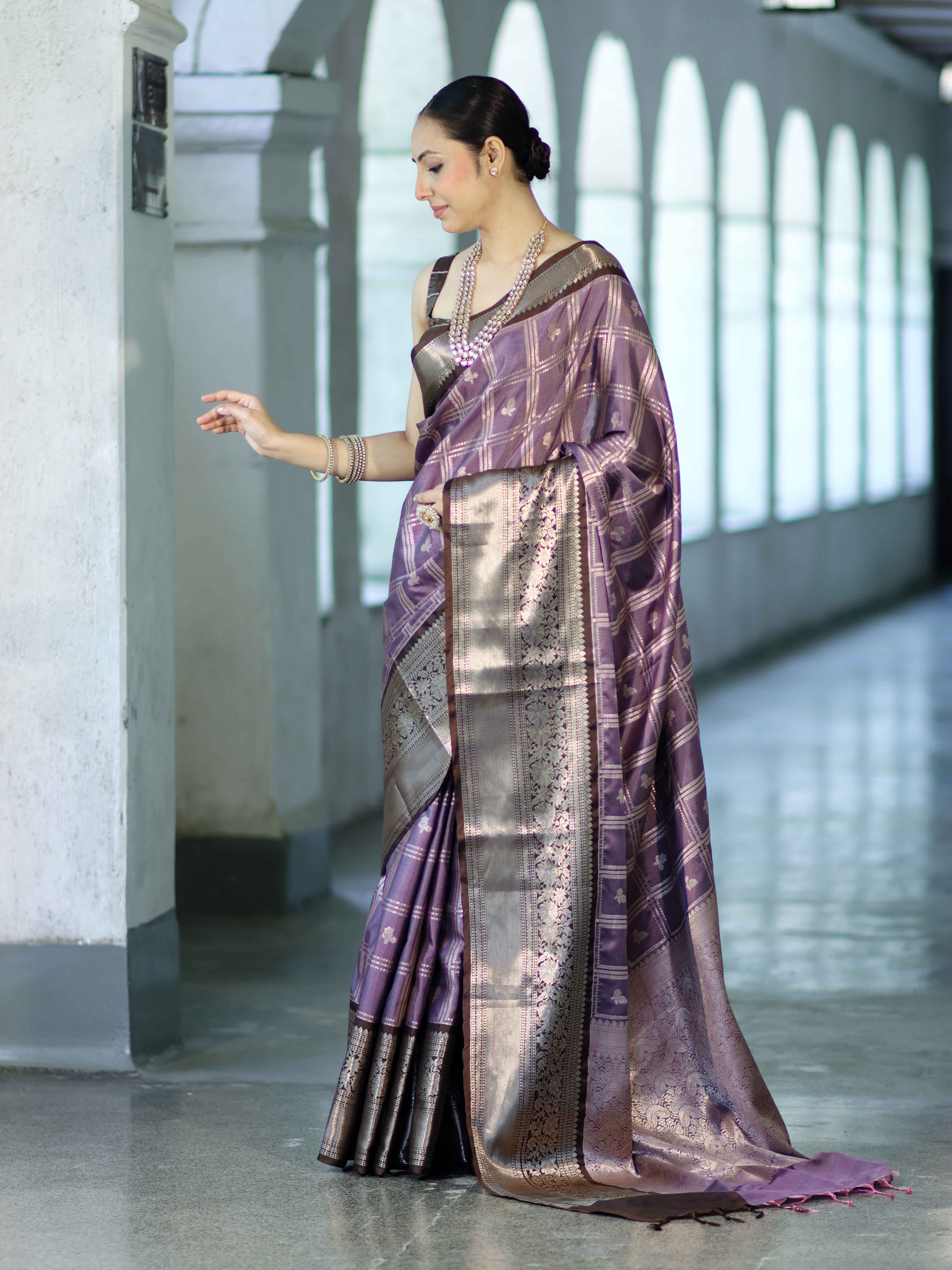 Banarasee Handloom Semi Silk Saree With Zari Checks Design & Contrast Border-Lavender & Brown