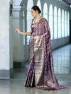 Banarasee Handloom Semi Silk Saree With Zari Checks Design & Contrast Border-Lavender & Brown