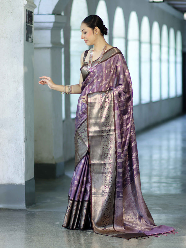 Banarasee Handloom Semi Silk Saree With Zari Checks Design & Contrast Border-Lavender & Brown