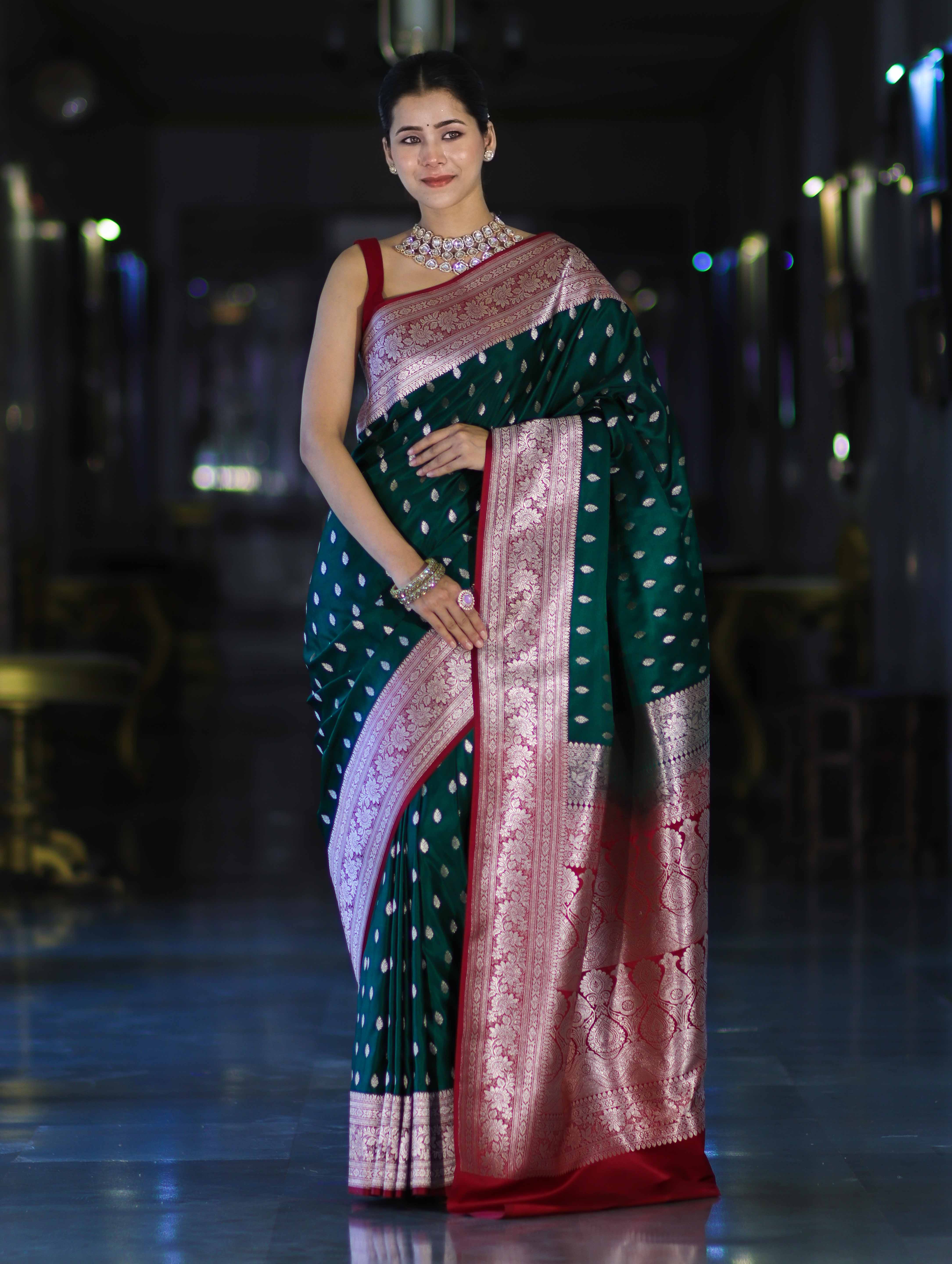 Banarasee Handloom Semi Katan Saree With Zari Buti Design & Contrast Border-Green & Maroon
