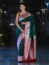 Banarasee Handloom Semi Katan Saree With Zari Buti Design & Contrast Border-Green & Maroon