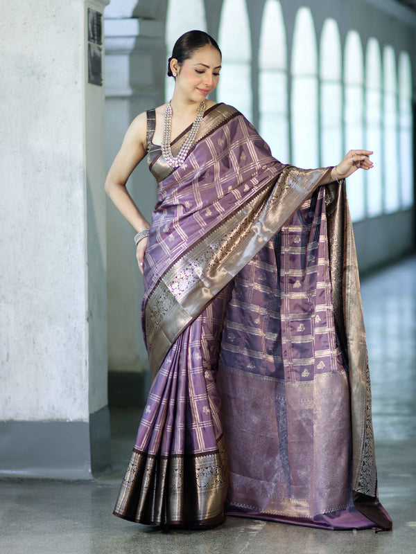 Banarasee Handloom Semi Silk Saree With Zari Checks Design & Contrast Border-Lavender & Brown