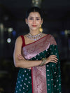Banarasee Handloom Semi Katan Saree With Zari Buti Design & Contrast Border-Green & Maroon