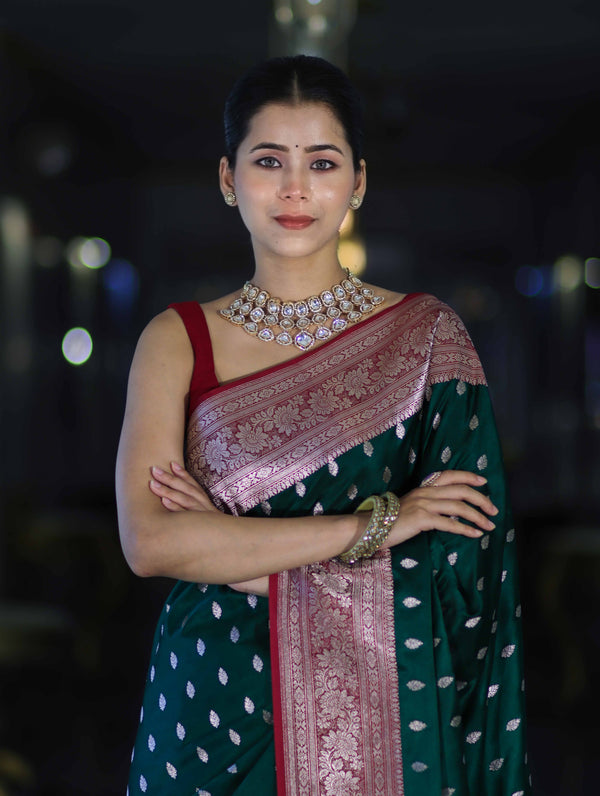 Banarasee Handloom Semi Katan Saree With Zari Buti Design & Contrast Border-Green & Maroon