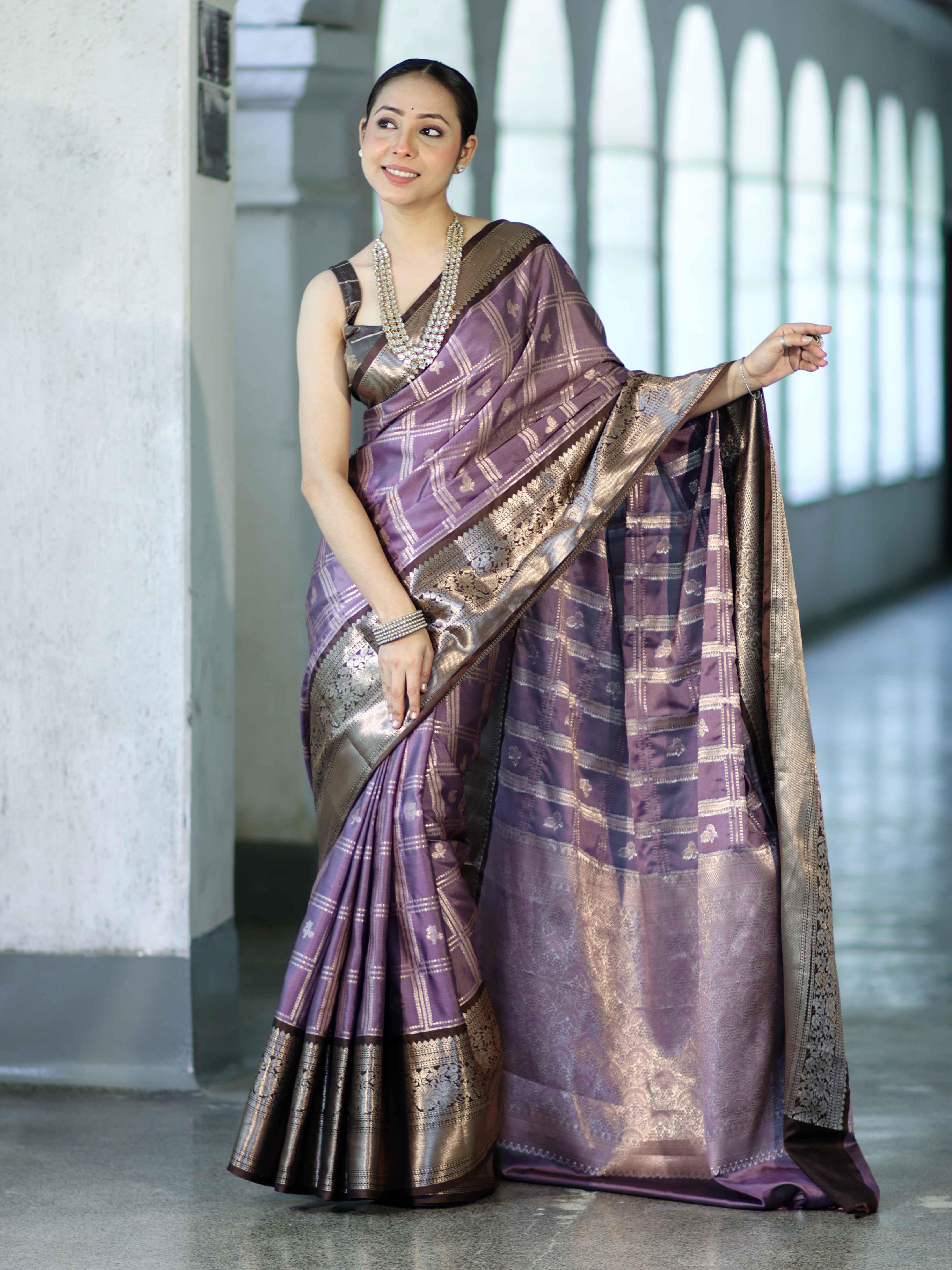 Banarasee Handloom Semi Silk Saree With Zari Checks Design & Contrast Border-Lavender & Brown