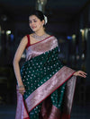 Banarasee Handloom Semi Katan Saree With Zari Buti Design & Contrast Border-Green & Maroon