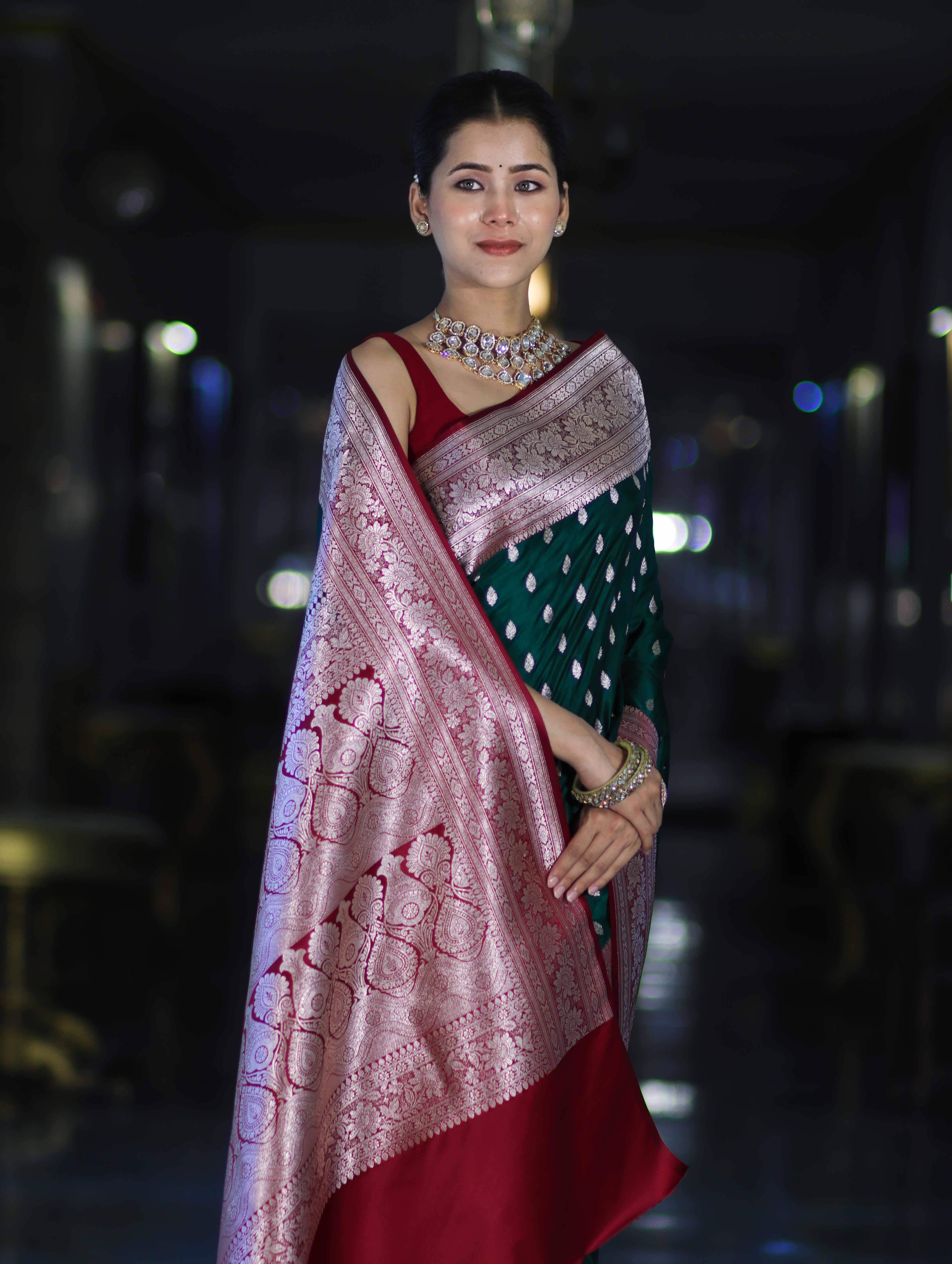Banarasee Handloom Semi Katan Saree With Zari Buti Design & Contrast Border-Green & Maroon