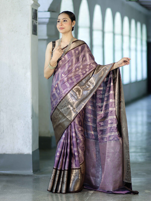 Banarasee Handloom Semi Silk Saree With Zari Checks Design & Contrast Border-Lavender & Brown