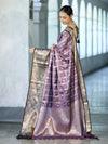 Banarasee Handloom Semi Silk Saree With Zari Checks Design & Contrast Border-Lavender & Brown