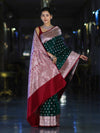 Banarasee Handloom Semi Katan Saree With Zari Buti Design & Contrast Border-Green & Maroon