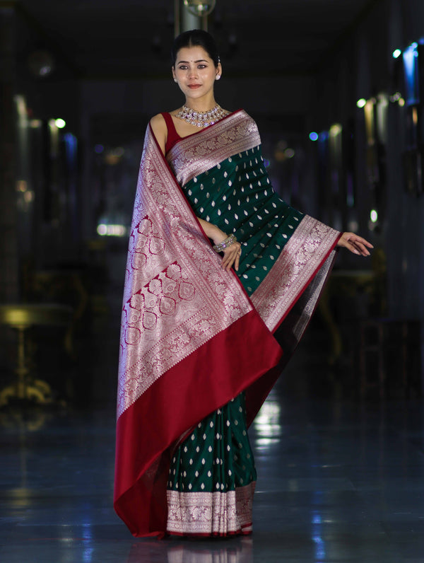 Banarasee Handloom Semi Katan Saree With Zari Buti Design & Contrast Border-Green & Maroon