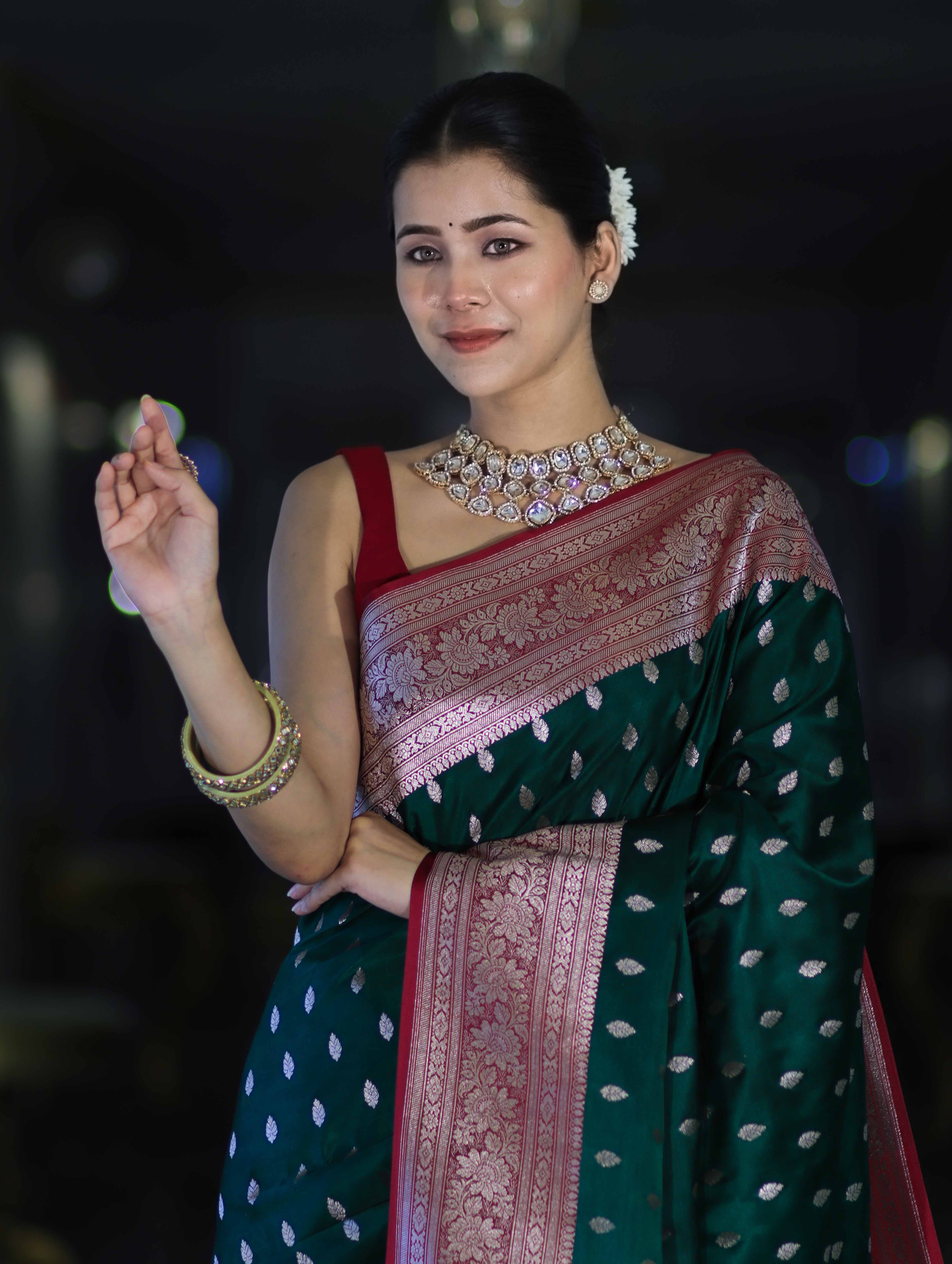 Banarasee Handloom Semi Katan Saree With Zari Buti Design & Contrast Border-Green & Maroon