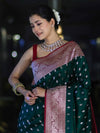 Banarasee Handloom Semi Katan Saree With Zari Buti Design & Contrast Border-Green & Maroon