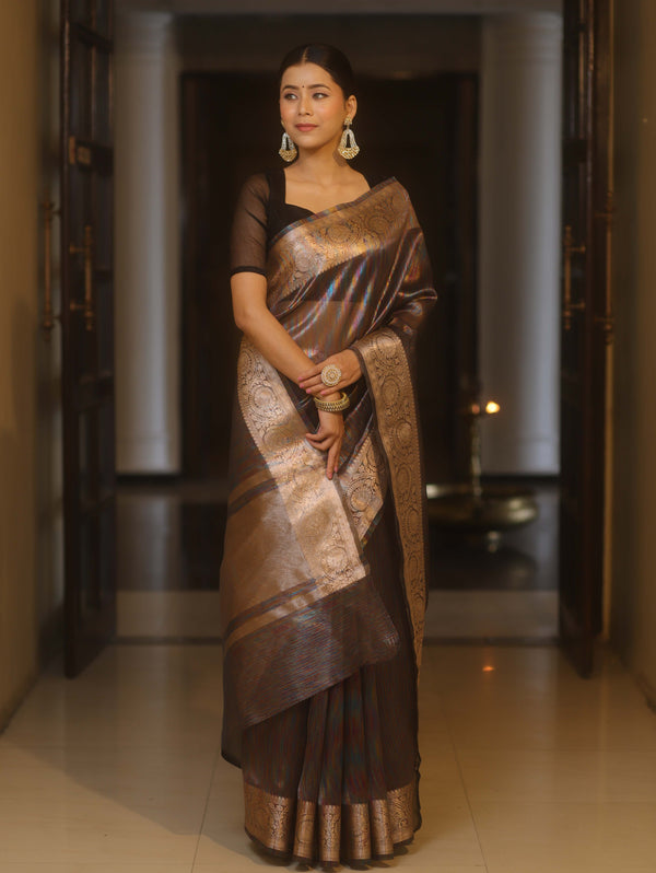 Banarasee Handwoven Plain Tissue Saree With Copper Zari Border-Multicolor