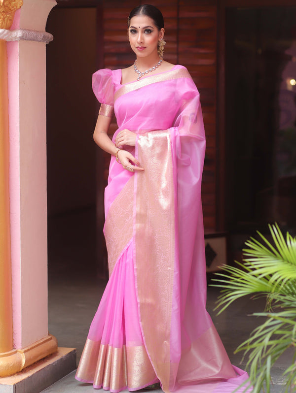 Banarasee Organza Mix Saree With Zari Border-Baby Pink