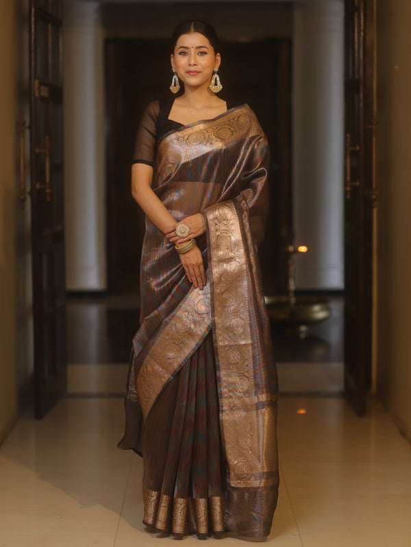 Banarasee Handwoven Plain Tissue Saree With Copper Zari Border-Multicolor