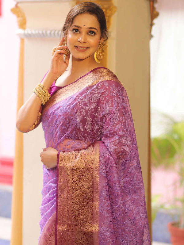 Banarasee Handwoven Organza Floral Embroidery Saree-Violet