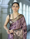 Banarasee Handloom Semi Silk Saree With Zari Checks Design & Contrast Border-Lavender & Brown