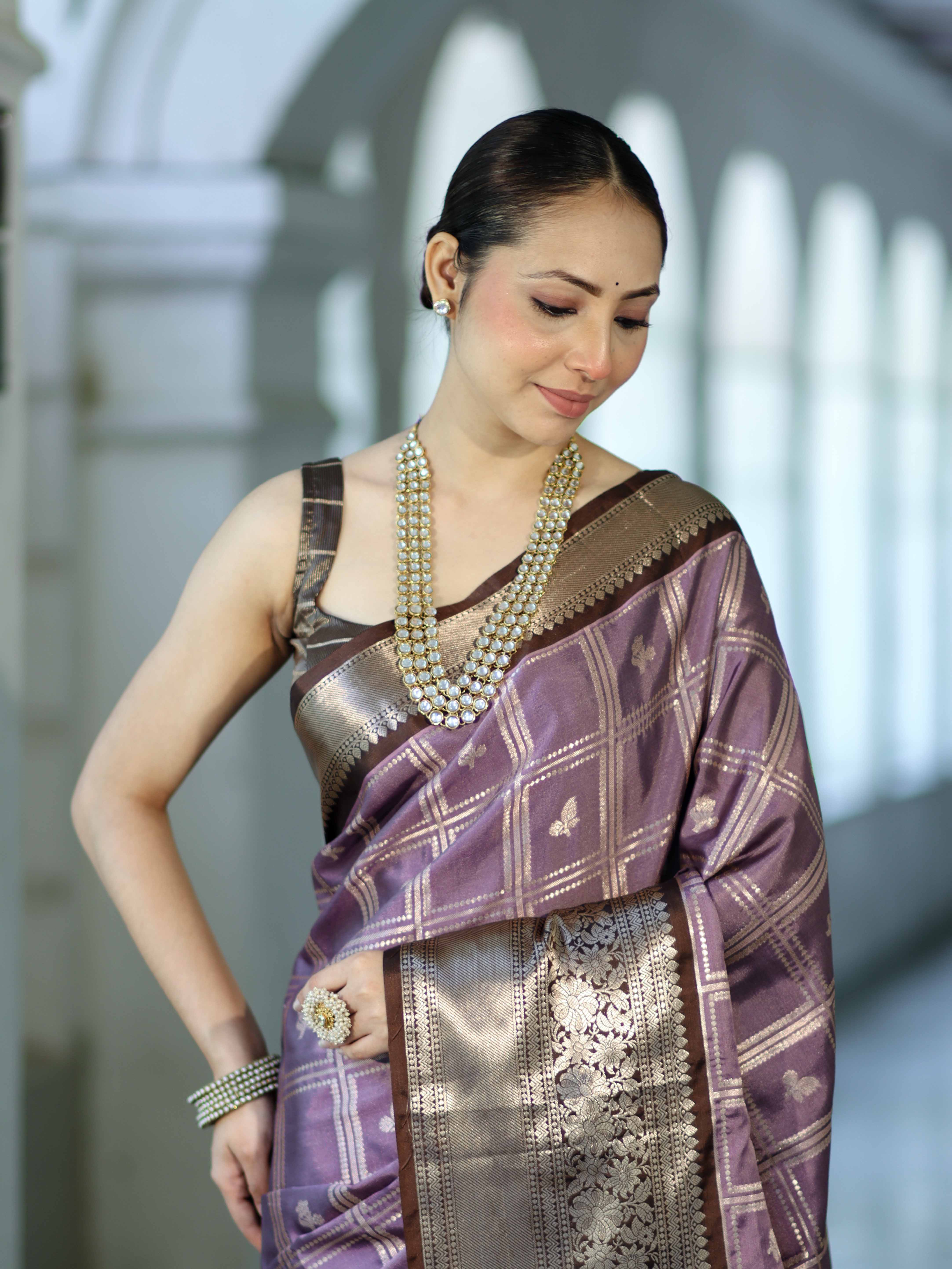 Banarasee Handloom Semi Silk Saree With Zari Checks Design & Contrast Border-Lavender & Brown