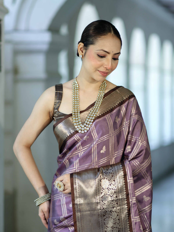 Banarasee Handloom Semi Silk Saree With Zari Checks Design & Contrast Border-Lavender & Brown