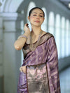 Banarasee Handloom Semi Silk Saree With Zari Checks Design & Contrast Border-Lavender & Brown