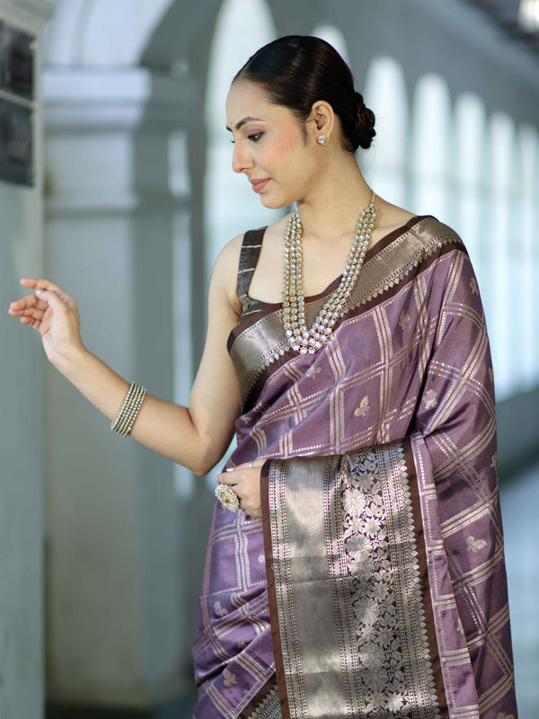 Banarasee Handloom Semi Silk Saree With Zari Checks Design & Contrast Border-Lavender & Brown