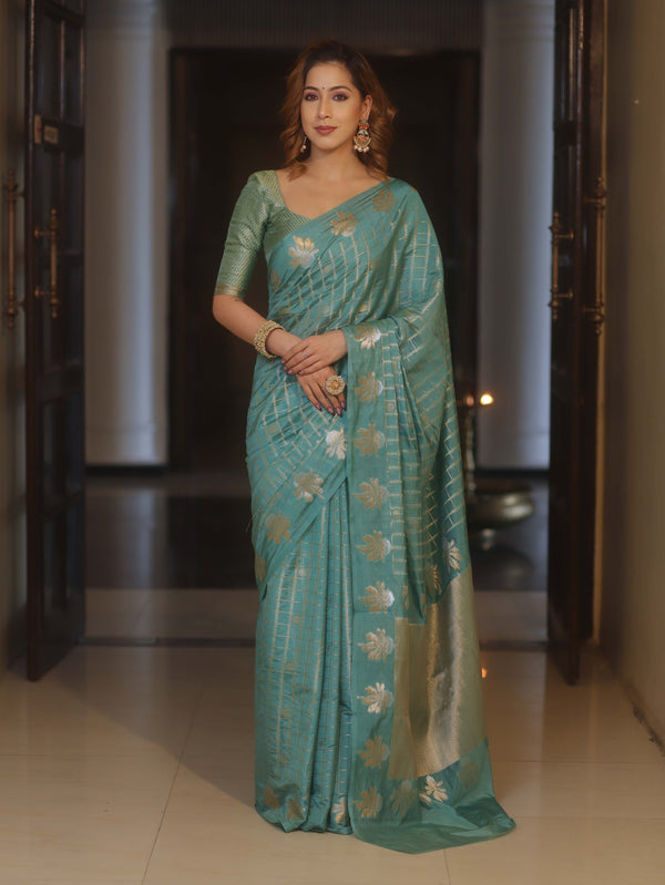 Banarasee Handwoven Semi Silk Saree With Zari Design-Pastel Green