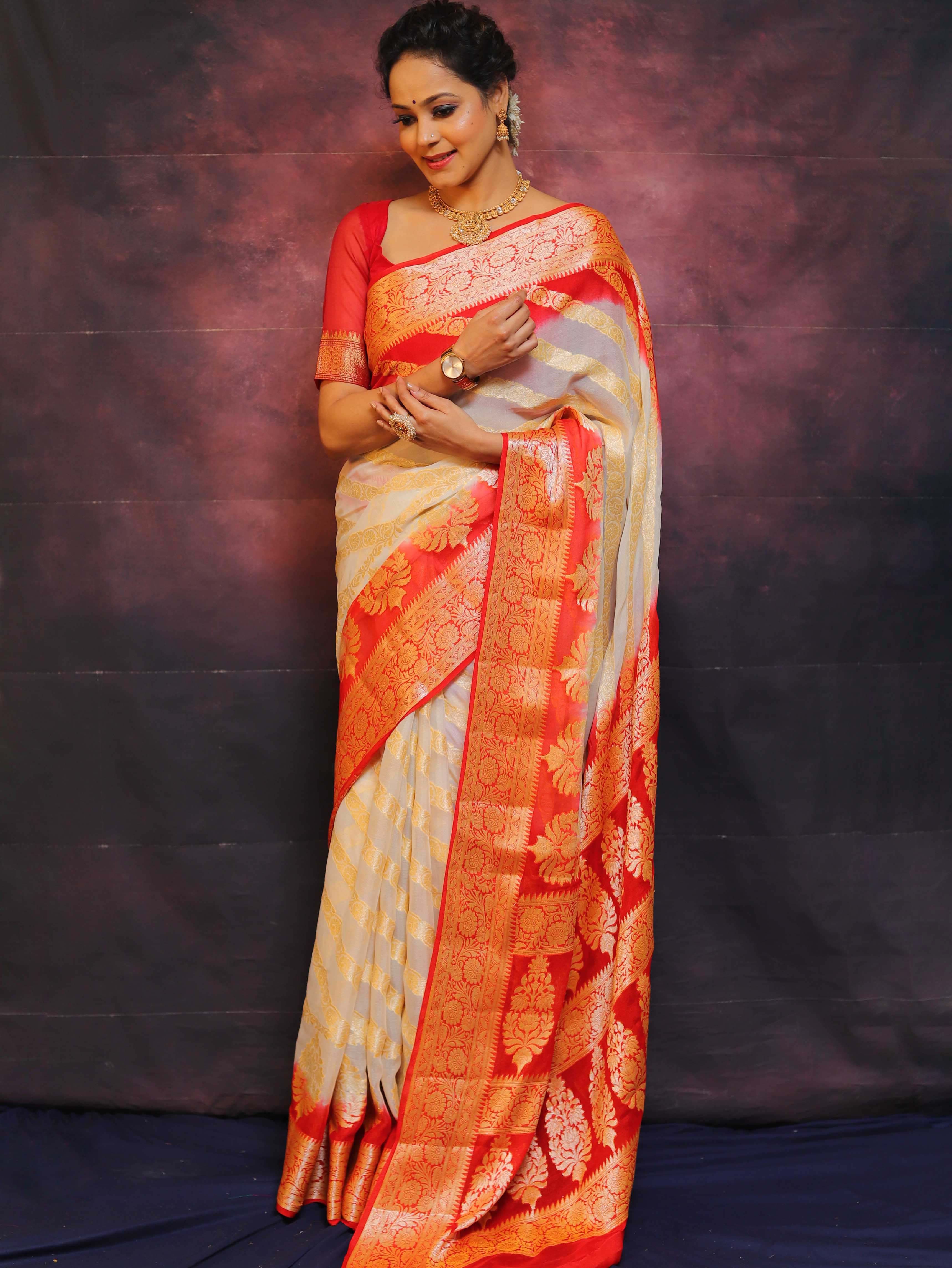 Banarasee Handwoven Pure Chiffon Saree With Zari Work-White & Red