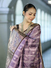 Banarasee Handloom Semi Silk Saree With Zari Checks Design & Contrast Border-Lavender & Brown