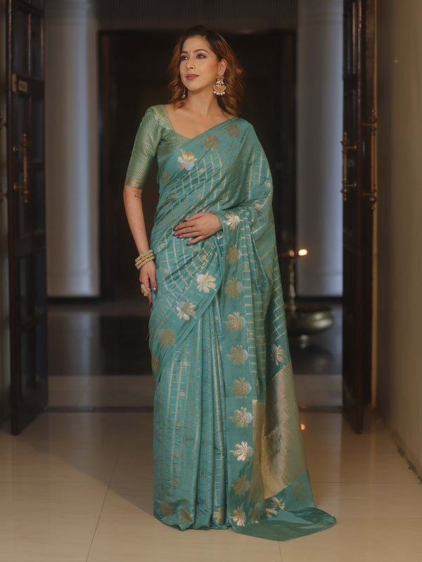 Banarasee Handwoven Semi Silk Saree With Zari Design-Pastel Green