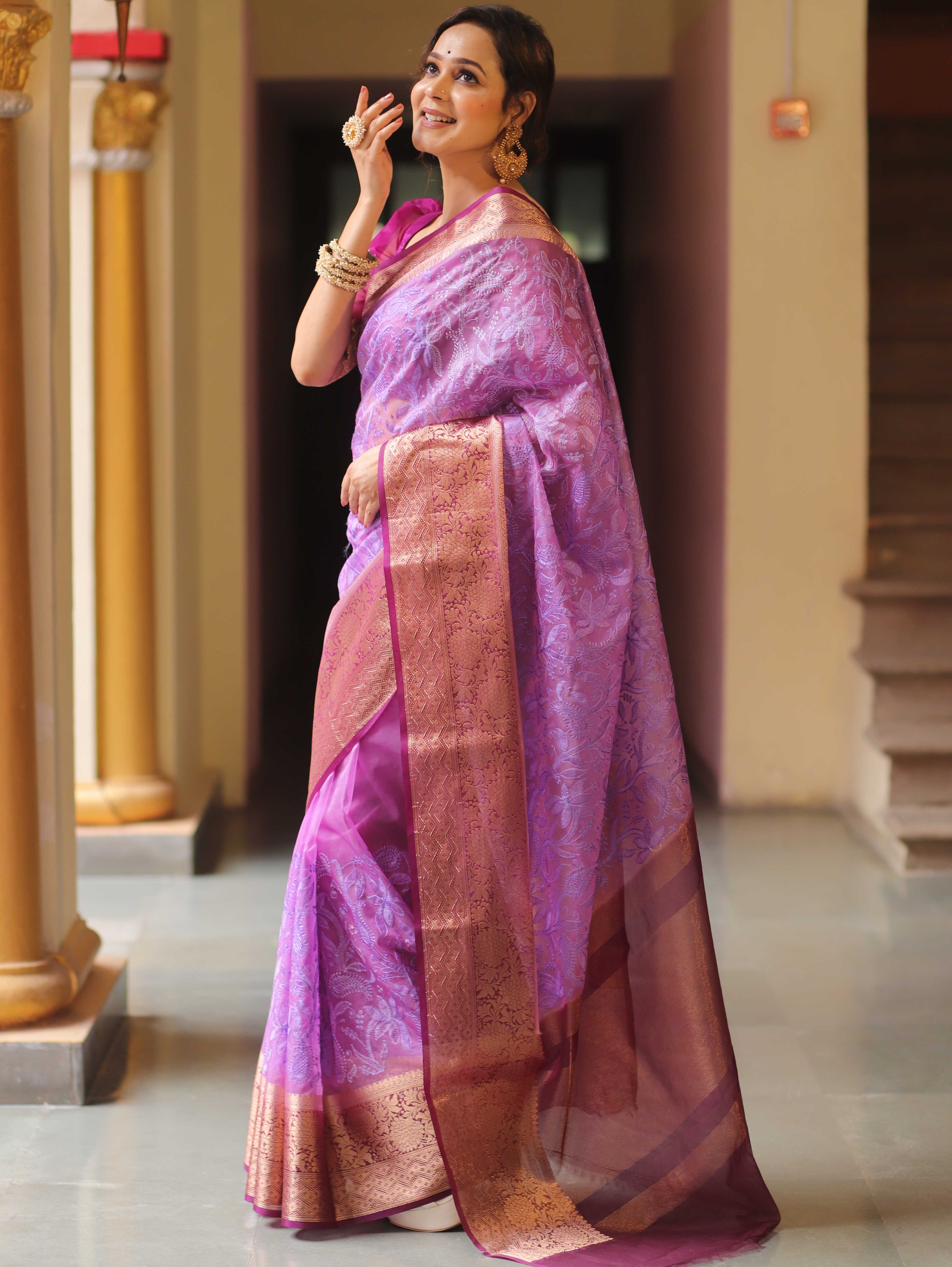 Banarasee Handwoven Organza Floral Embroidery Saree-Violet