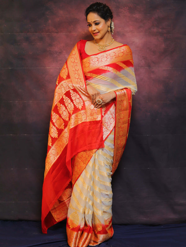 Banarasee Handwoven Pure Chiffon Saree With Zari Work-White & Red