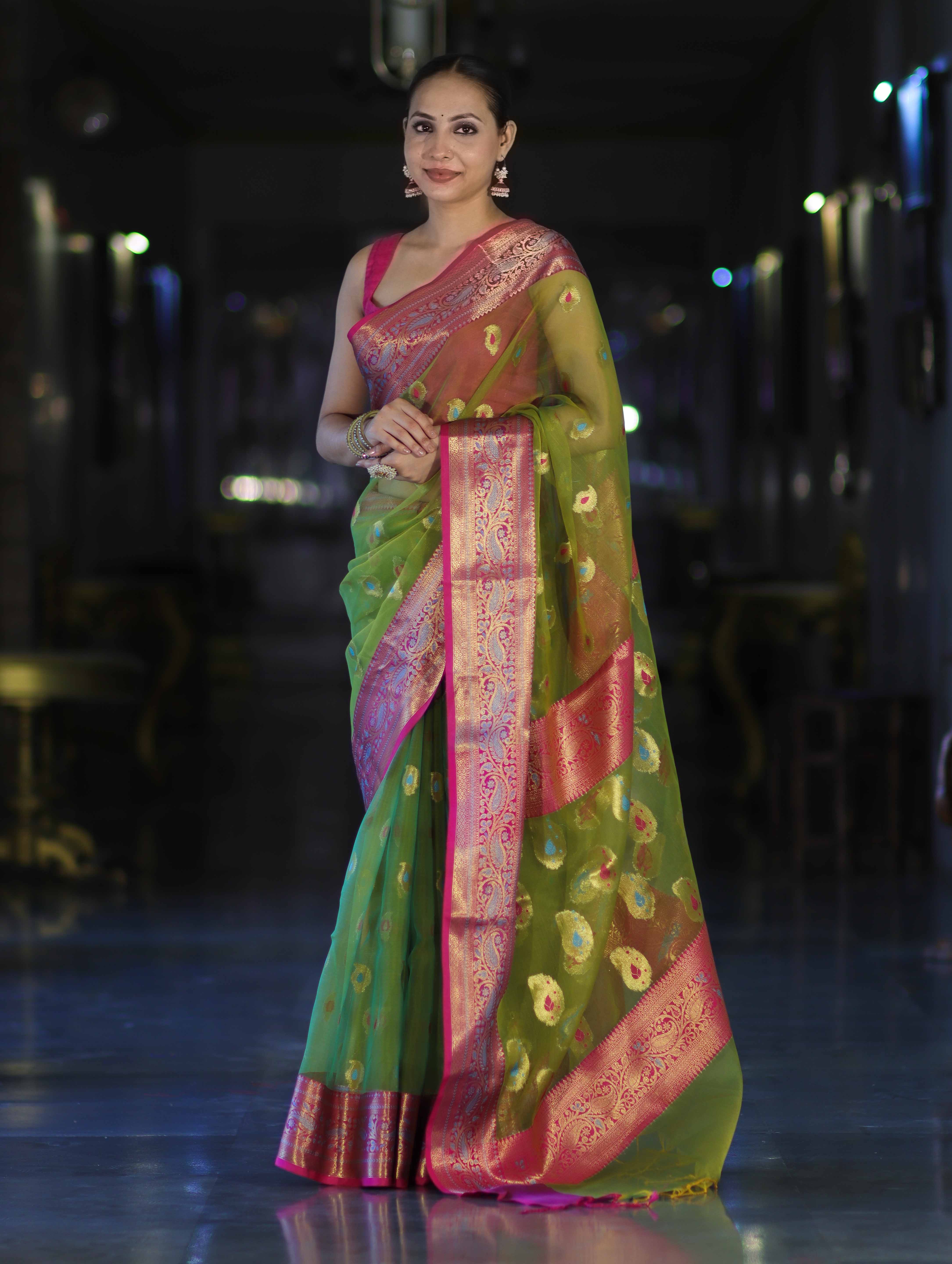 Banarasee Dual Tone Organza Mix Saree With Resham Zari Work & Contrast Border-Green & Pink