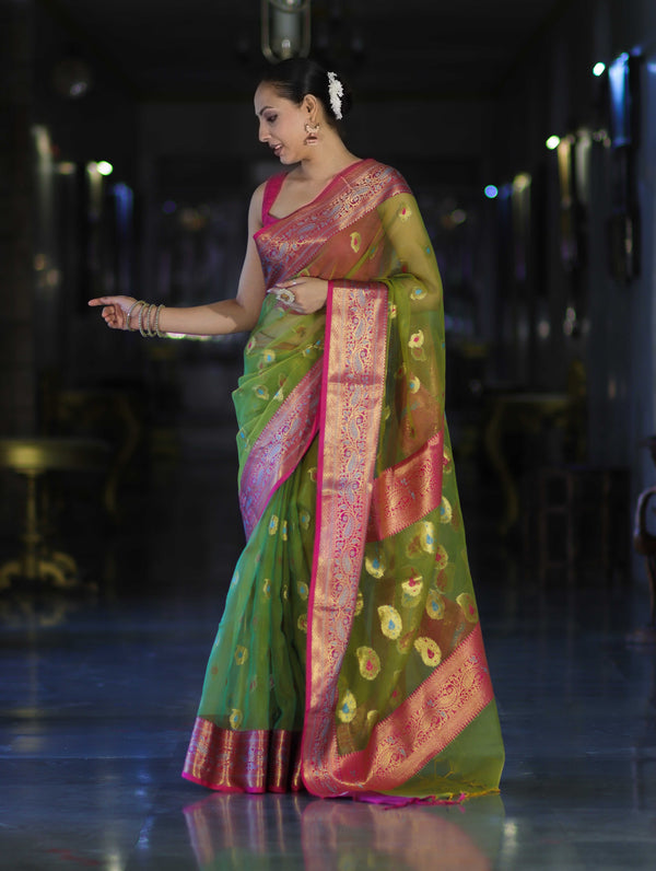 Banarasee Dual Tone Organza Mix Saree With Resham Zari Work & Contrast Border-Green & Pink