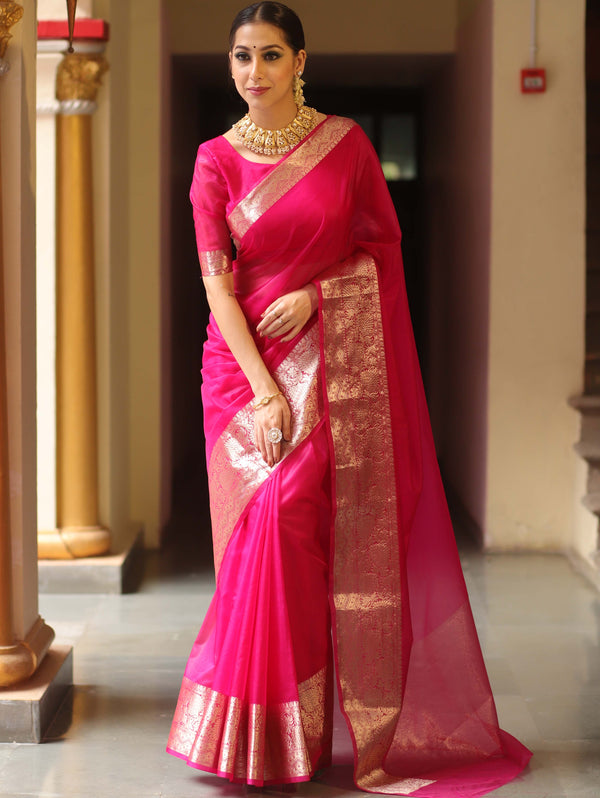 Banarasee Organza Mix Saree With Zari Border-Pink