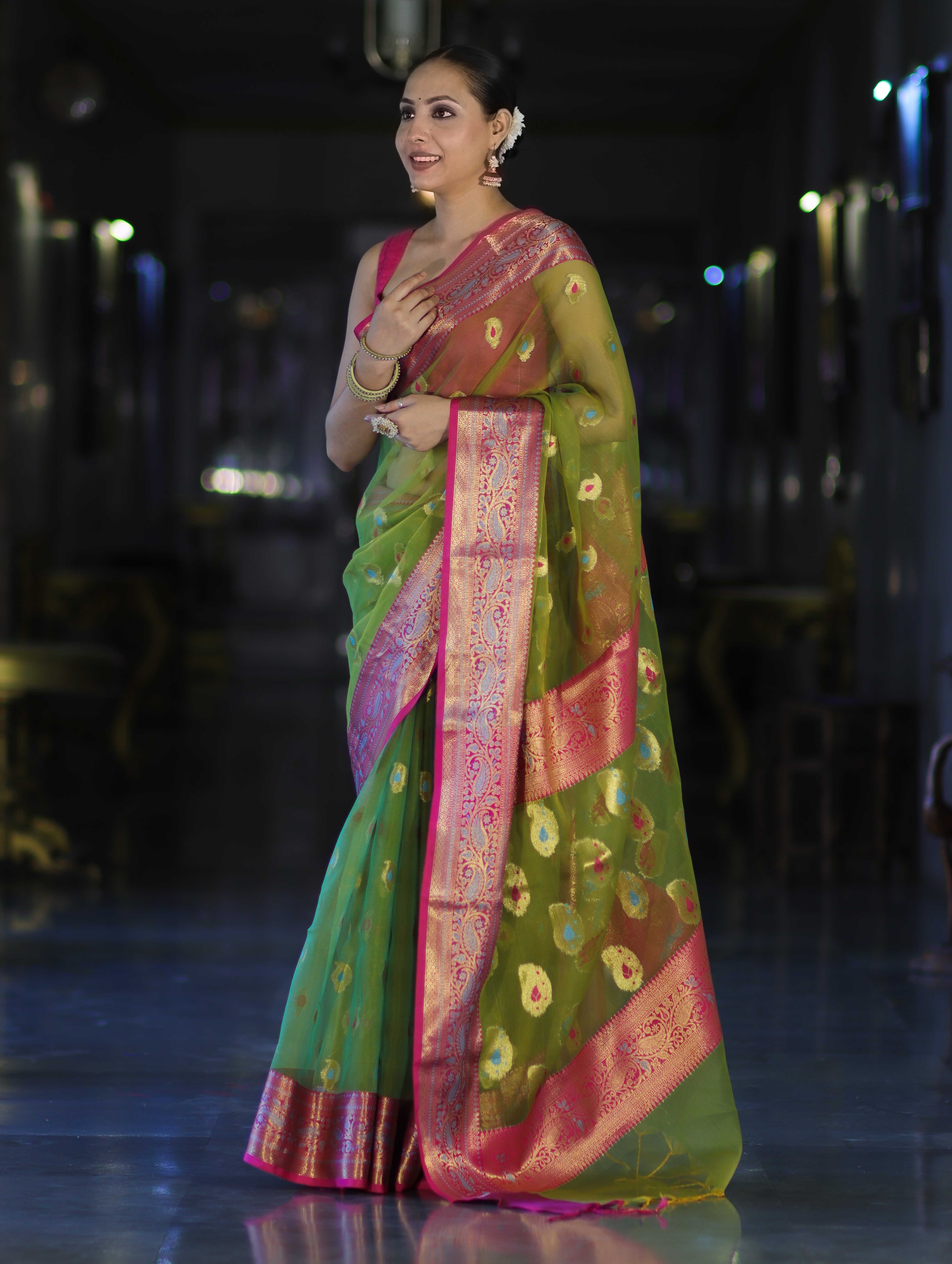 Banarasee Dual Tone Organza Mix Saree With Resham Zari Work & Contrast Border-Green & Pink